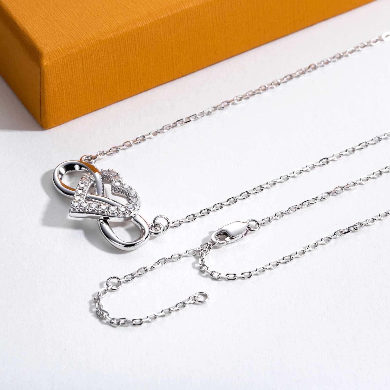 Round Cut Moissanite White Gold Plated Infinity Heart Moissanite Pendant Necklace for Women