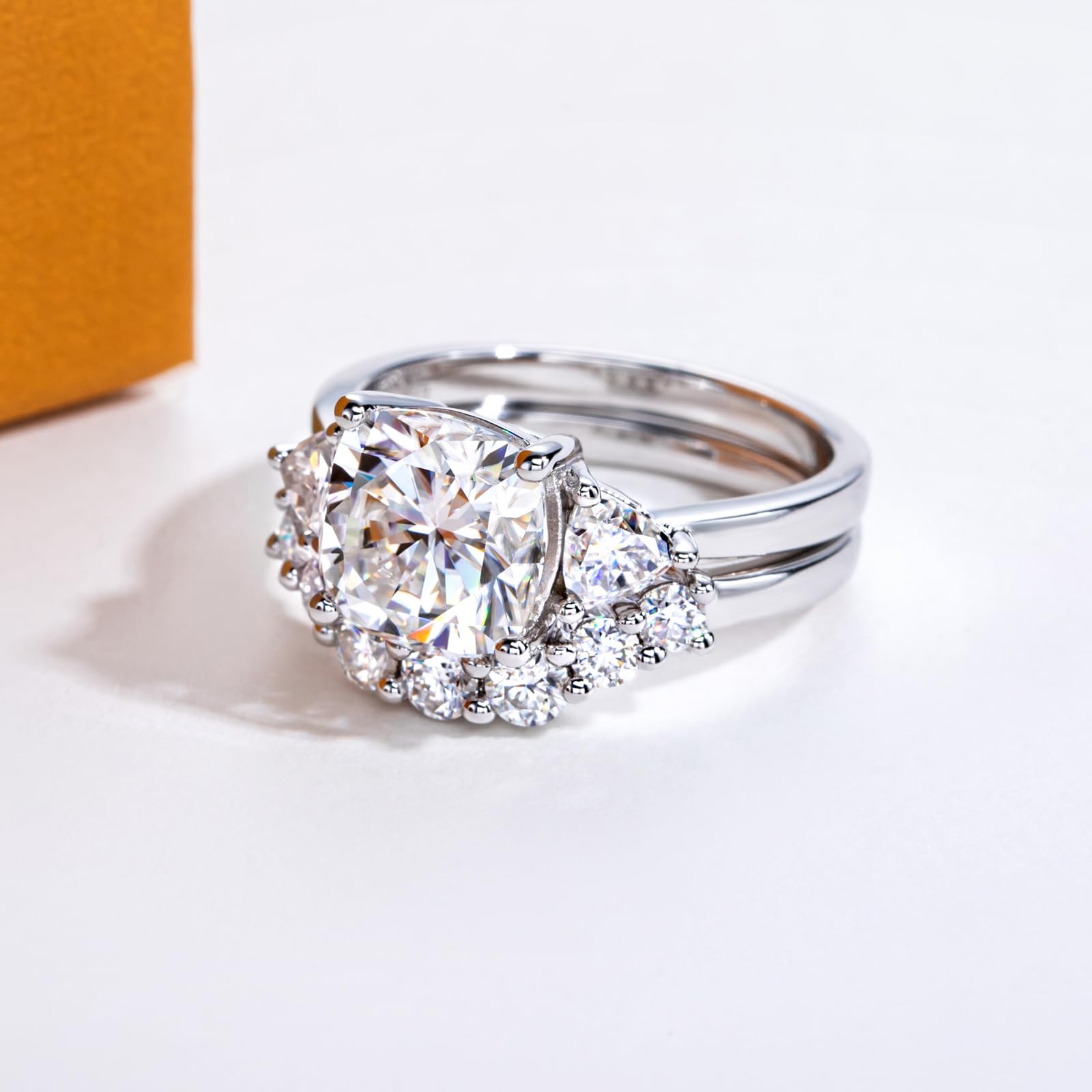 bridal ring set, three stone ring, cushion cut ring, wedding ring set, engagement and wedding ring set, solitaire rings, gold rings, cushion cut engagement ring, gold rings for women, 14k gold rings, white gold rings, lab grown diamond rings, diamond rings for women, diamond rings, valentines gift for her, birthday gift for her, moissanite rings