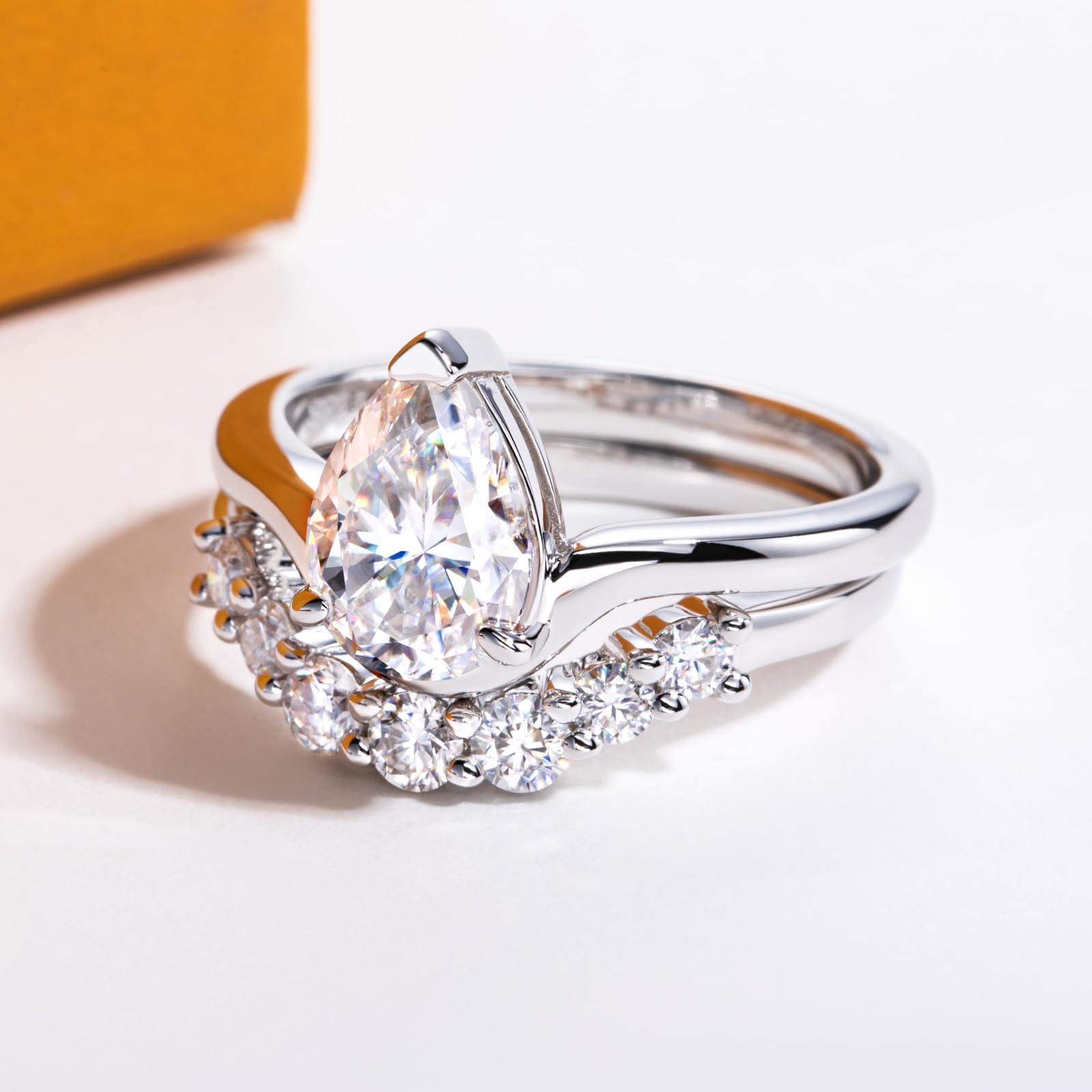 bridal ring set, pear cut ring, wedding ring set, engagement and wedding ring set, solitaire rings, gold rings, pear cut engagement ring, gold rings for women, 14k gold rings, white gold rings, lab grown diamond rings, diamond rings for women, diamond rings, valentines gift for her, birthday gift for her, moissanite rings