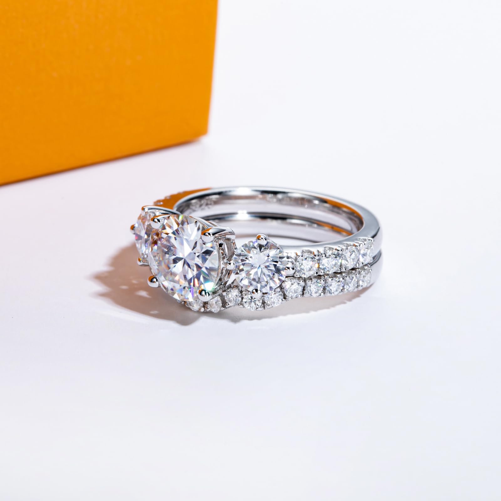 three stone engagement ring, bridal ring set, round cut diamond ring, wedding ring set, engagement and wedding ring set, solitaire rings, gold rings, round cut engagement ring, gold rings for women, 14k gold rings, white gold rings, lab grown diamond rings, diamond rings for women, diamond rings, valentines gift for her, birthday gift for her, moissanite rings, 925 silver rings