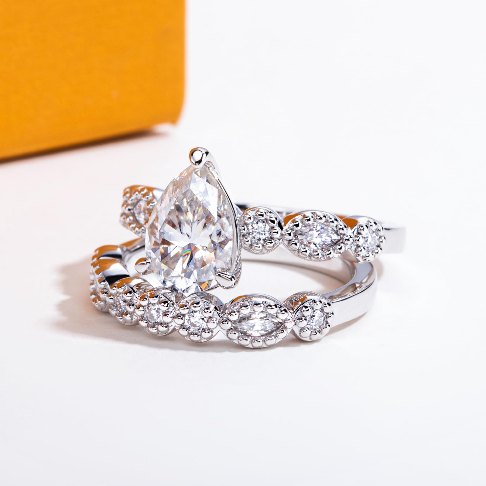 bridal ring set, pear cut ring, wedding ring set, engagement and wedding ring set, solitaire rings, gold rings, pear cut engagement ring, gold rings for women, 14k gold rings, white gold rings, lab grown diamond rings, diamond rings for women, diamond rings, valentines gift for her, birthday gift for her, moissanite rings
