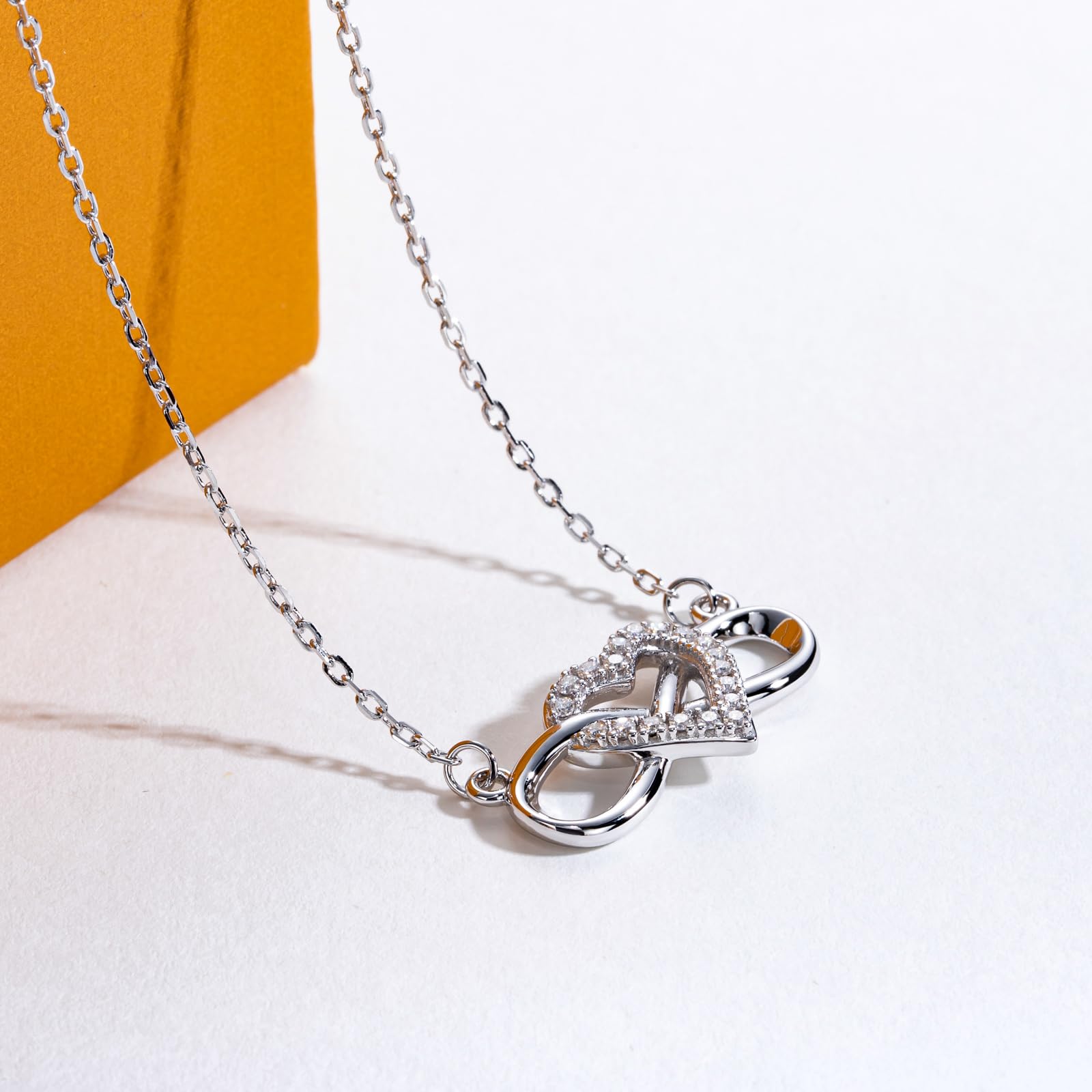 Round Cut Moissanite White Gold Plated Infinity Heart Moissanite Pendant Necklace for Women