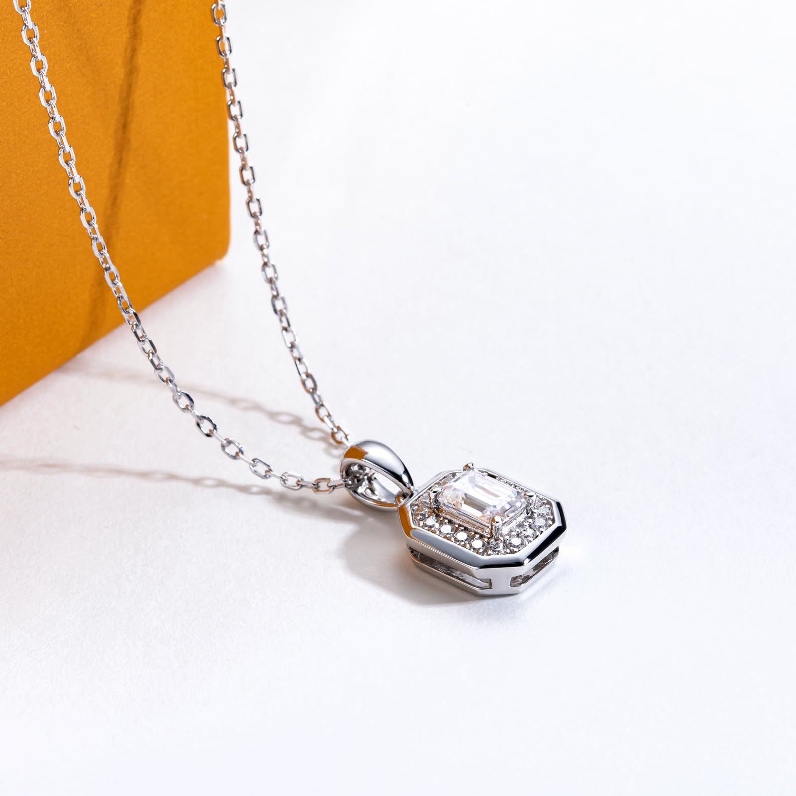 emerald cut diamond pendant, halo pendant necklace, sterling silver necklace women, white gold pendant necklace, moissanite emerald cut necklace, cz halo pendant, elegant jewelry gift, minimalist pendant necklace, luxury silver necklace, gift for her jewelry, geometric pendant necklace, moissanite jewelry USA