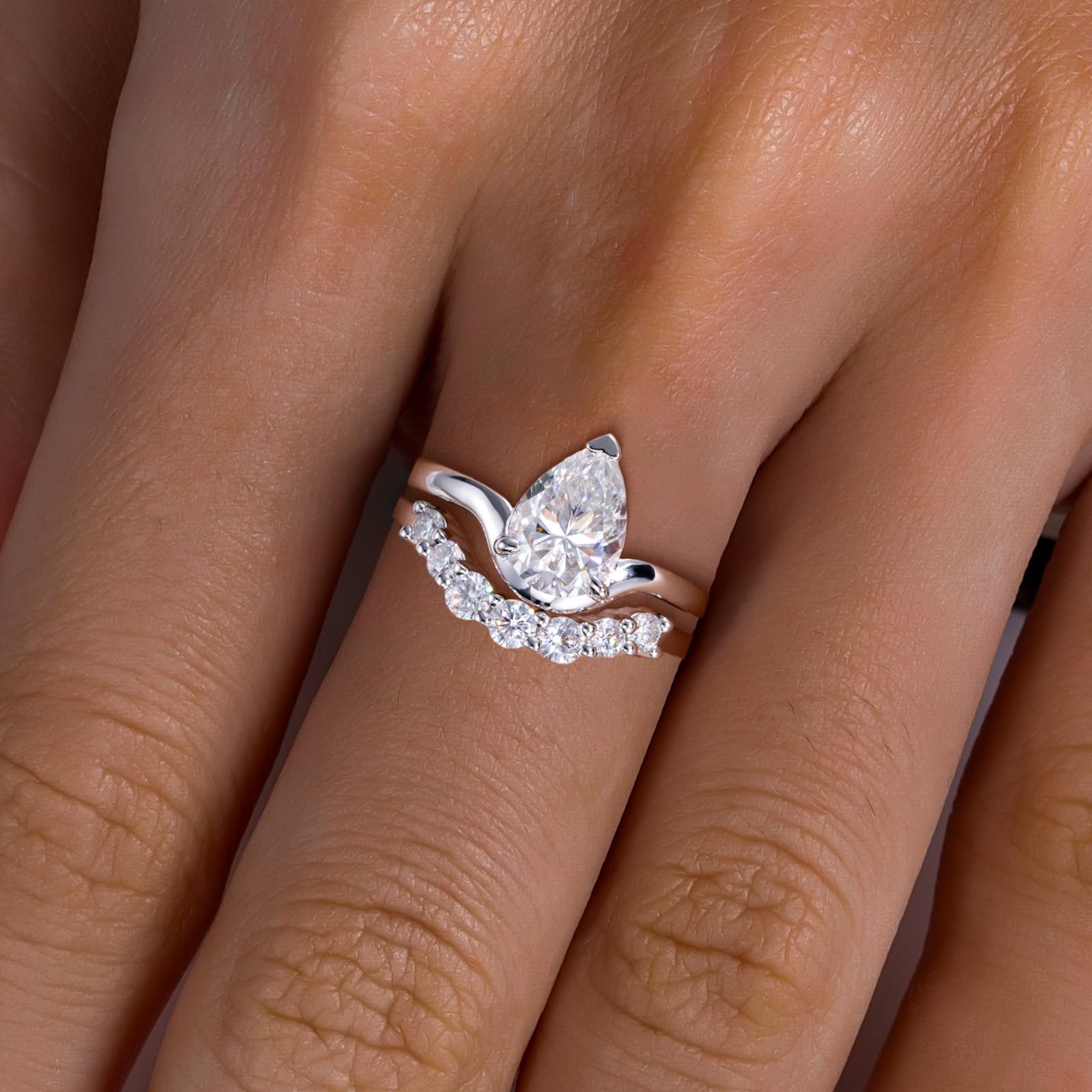 bridal ring set, pear cut ring, wedding ring set, engagement and wedding ring set, solitaire rings, gold rings, pear cut engagement ring, gold rings for women, 14k gold rings, white gold rings, lab grown diamond rings, diamond rings for women, diamond rings, valentines gift for her, birthday gift for her, moissanite rings