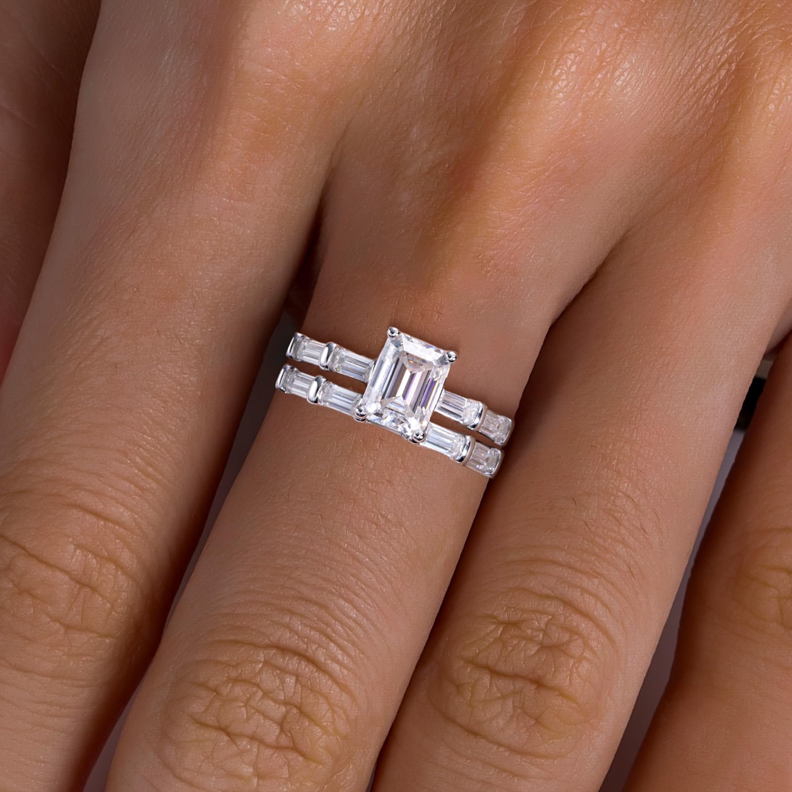 bridal ring set, emerald cut ring, wedding ring set, engagement and wedding ring set, solitaire rings, gold rings, emerald cut engagement ring, gold rings for women, 14k gold rings, white gold rings, lab grown diamond rings, diamond rings for women, diamond rings, valentines gift for her, birthday gift for her, moissanite rings