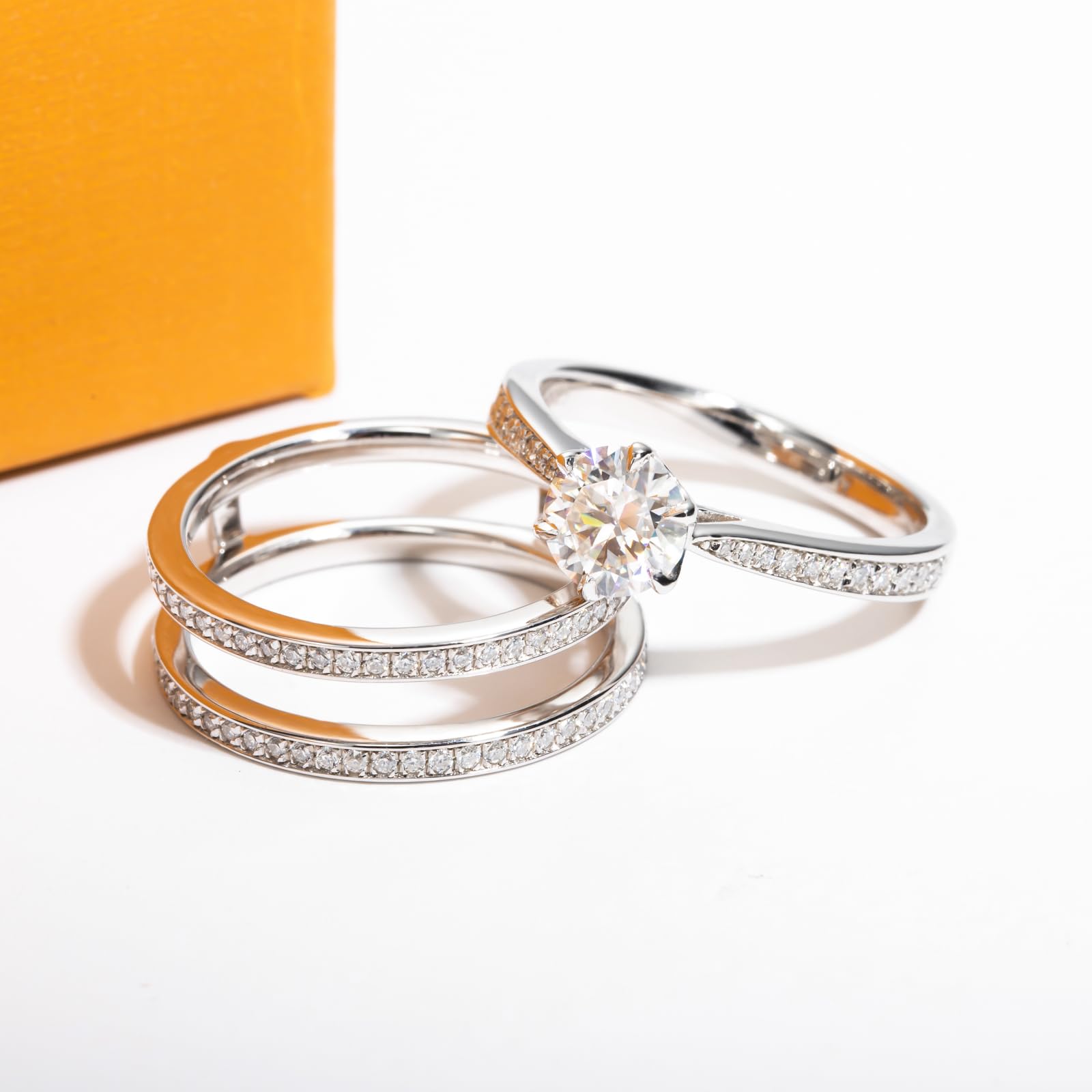 bridal ring set, round cut diamond ring, wedding ring set, engagement and wedding ring set, solitaire rings, gold rings, round cut engagement ring, gold rings for women, 14k gold rings, white gold rings, lab grown diamond rings, diamond rings for women, diamond rings, valentines gift for her, birthday gift for her, moissanite rings