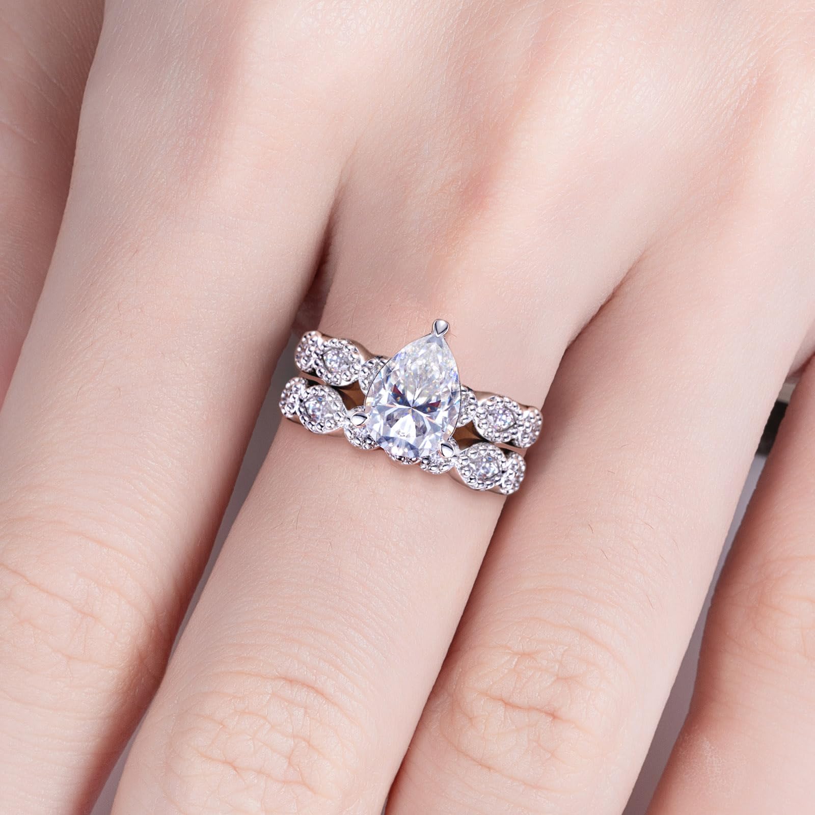 bridal ring set, pear cut ring, wedding ring set, engagement and wedding ring set, solitaire rings, gold rings, pear cut engagement ring, gold rings for women, 14k gold rings, white gold rings, lab grown diamond rings, diamond rings for women, diamond rings, valentines gift for her, birthday gift for her, moissanite rings