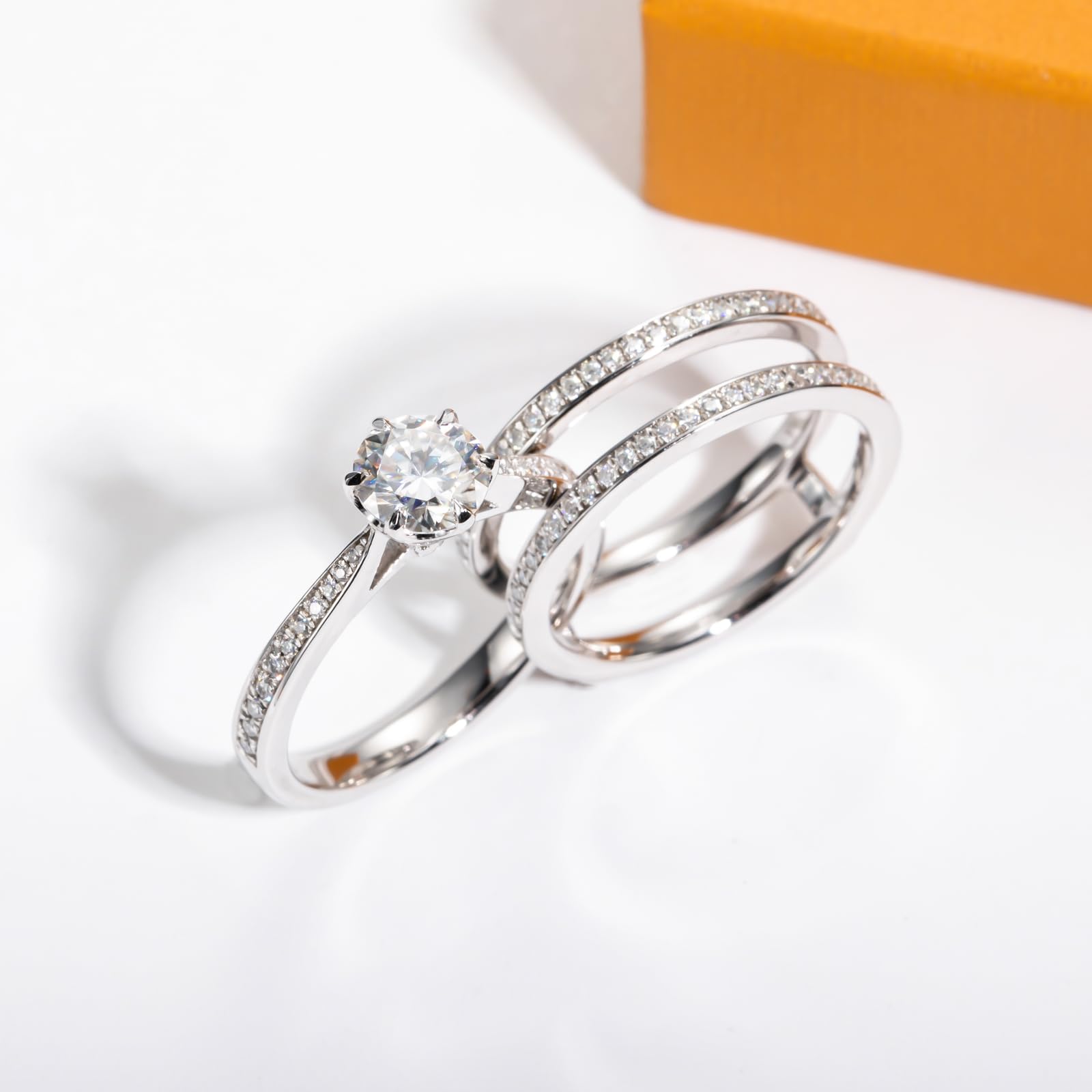 bridal ring set, round cut diamond ring, wedding ring set, engagement and wedding ring set, solitaire rings, gold rings, round cut engagement ring, gold rings for women, 14k gold rings, white gold rings, lab grown diamond rings, diamond rings for women, diamond rings, valentines gift for her, birthday gift for her, moissanite rings