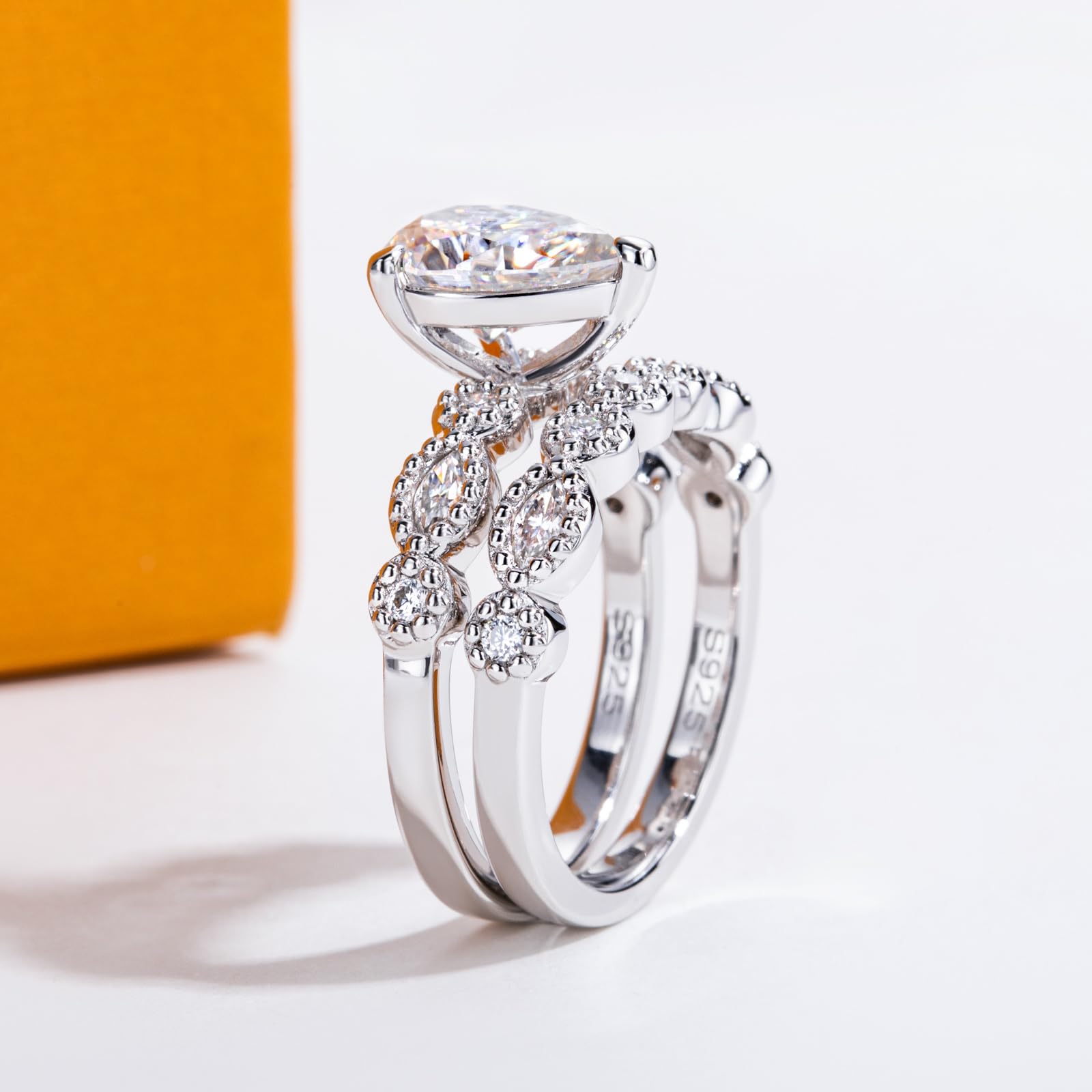 bridal ring set, pear cut ring, wedding ring set, engagement and wedding ring set, solitaire rings, gold rings, pear cut engagement ring, gold rings for women, 14k gold rings, white gold rings, lab grown diamond rings, diamond rings for women, diamond rings, valentines gift for her, birthday gift for her, moissanite rings