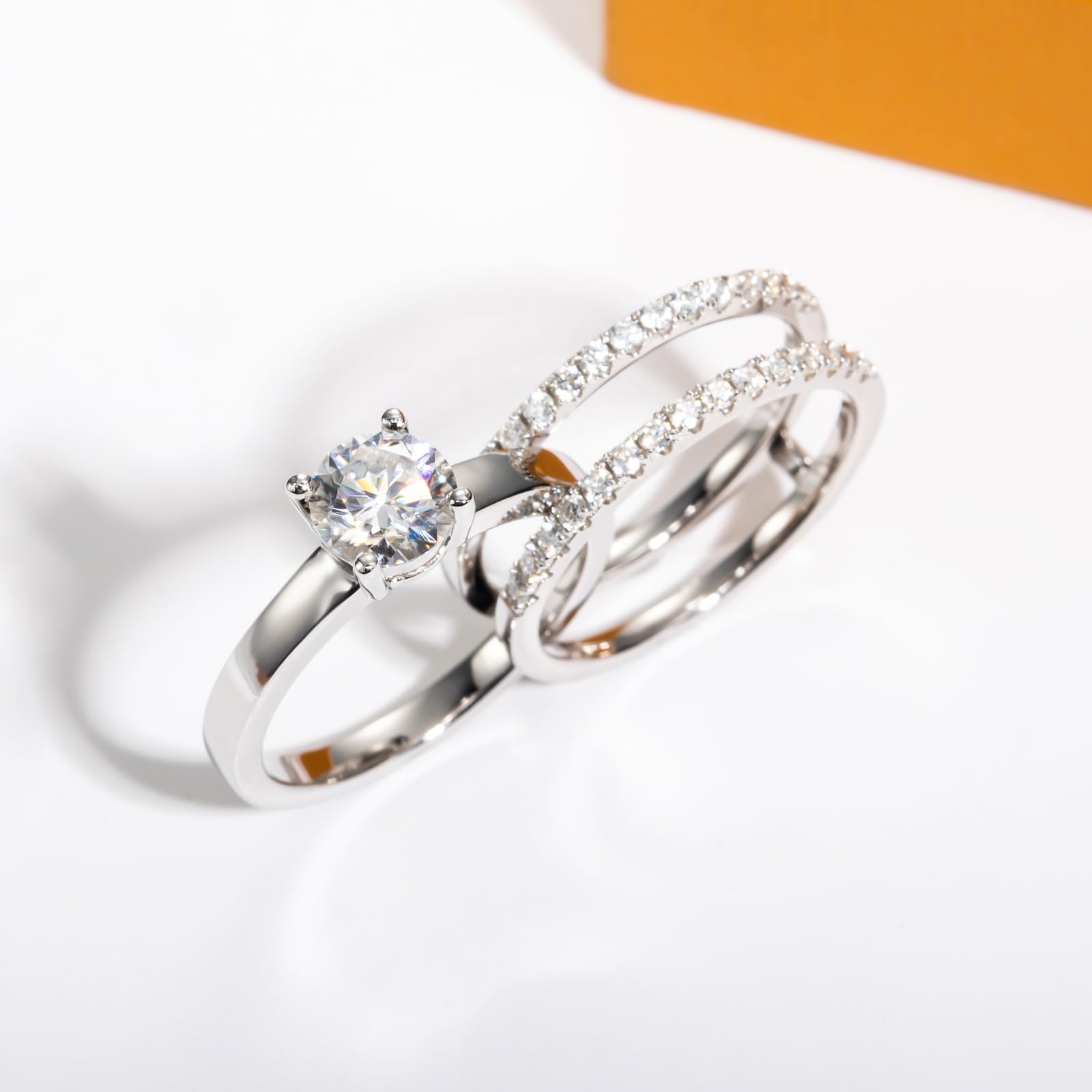 bridal ring set, round cut diamond ring, wedding ring set, engagement and wedding ring set, solitaire rings, gold rings, round cut engagement ring, gold rings for women, 14k gold rings, white gold rings, lab grown diamond rings, diamond rings for women, diamond rings, valentines gift for her, birthday gift for her, moissanite rings, 925 silver rings