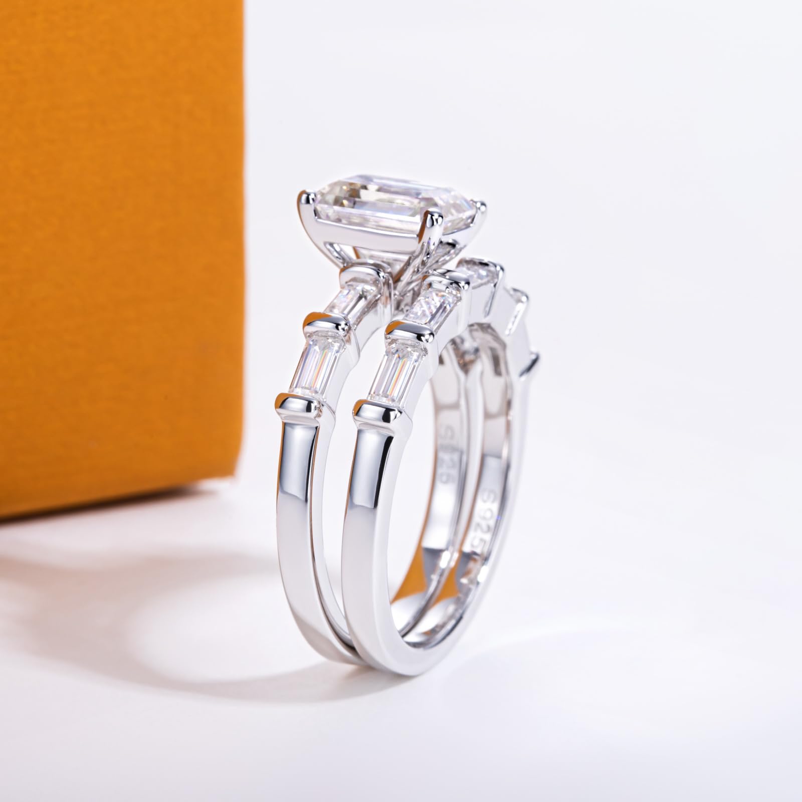 bridal ring set, emerald cut ring, wedding ring set, engagement and wedding ring set, solitaire rings, gold rings, emerald cut engagement ring, gold rings for women, 14k gold rings, white gold rings, lab grown diamond rings, diamond rings for women, diamond rings, valentines gift for her, birthday gift for her, moissanite rings