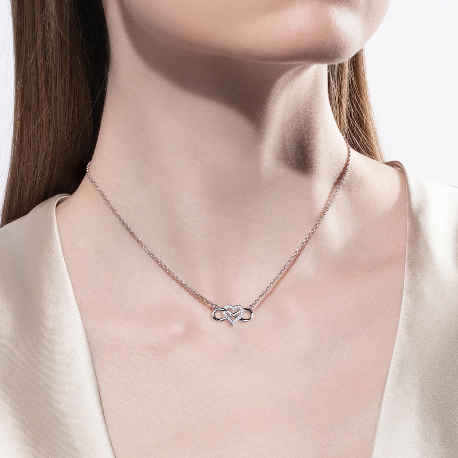 Round Cut Moissanite White Gold Plated Infinity Heart Moissanite Pendant Necklace for Women