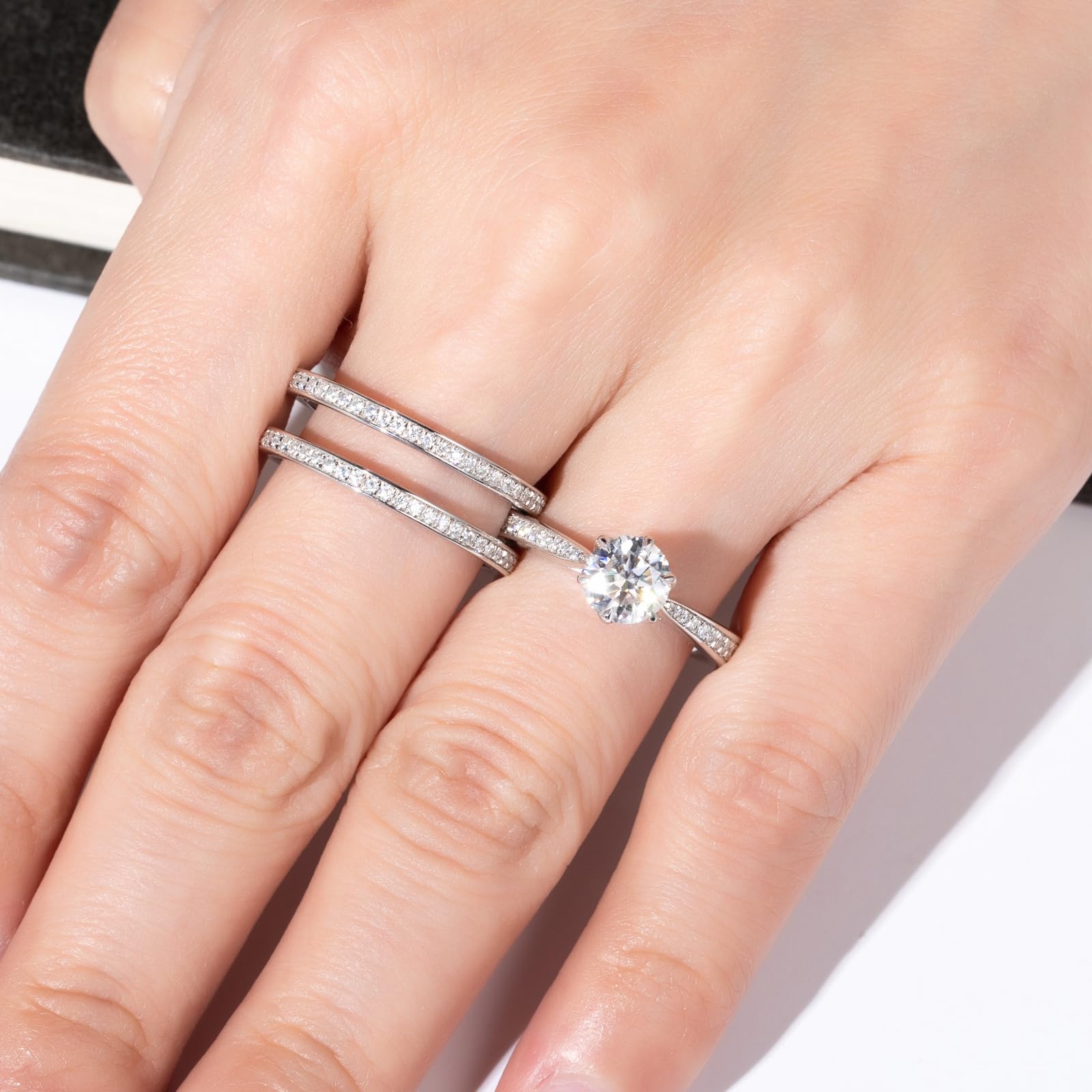 bridal ring set, round cut diamond ring, wedding ring set, engagement and wedding ring set, solitaire rings, gold rings, round cut engagement ring, gold rings for women, 14k gold rings, white gold rings, lab grown diamond rings, diamond rings for women, diamond rings, valentines gift for her, birthday gift for her, moissanite rings