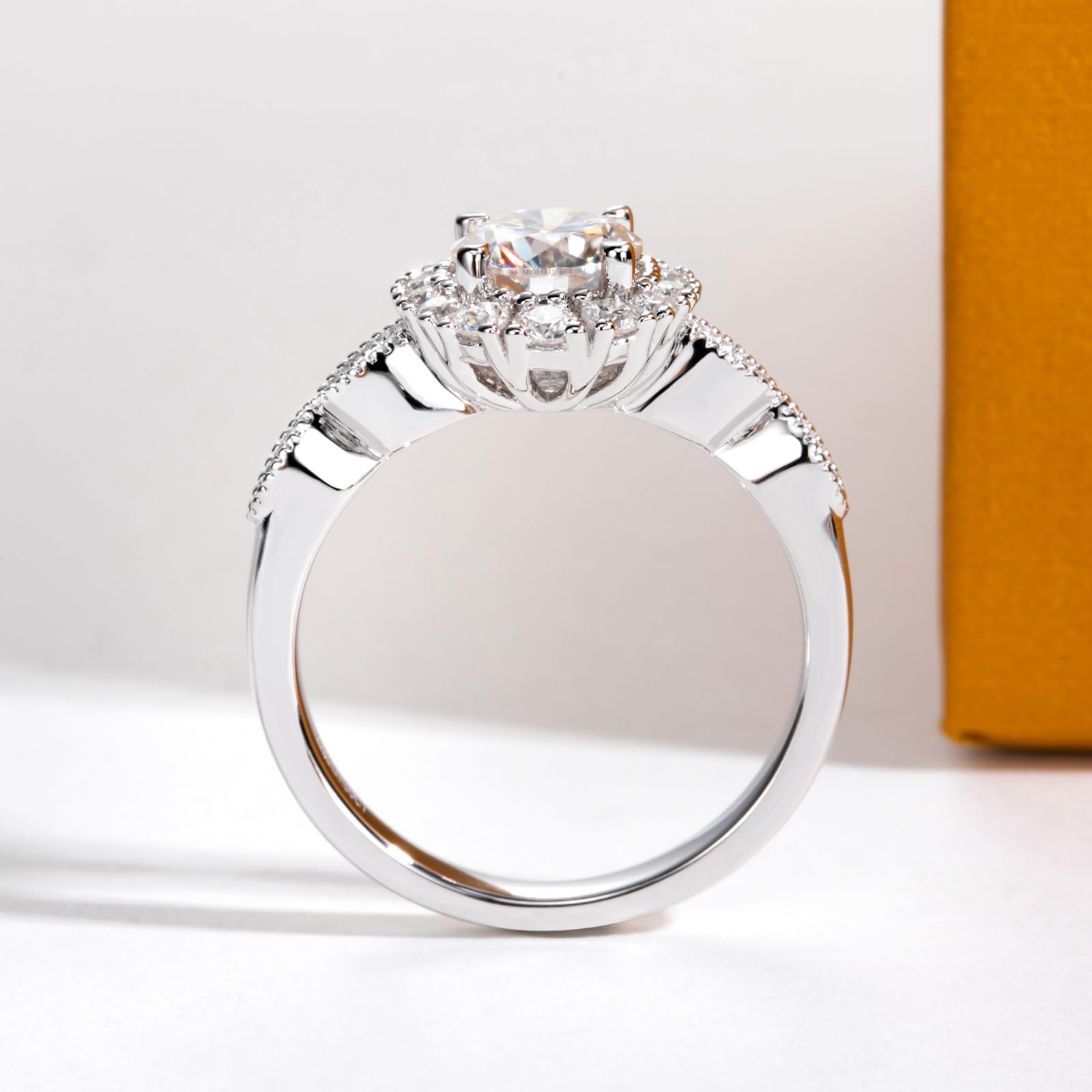 1.0 CT D-VVS Clarity Round Moissanite 14K White Gold Plated Halo Engagement Pavé Ring For Women