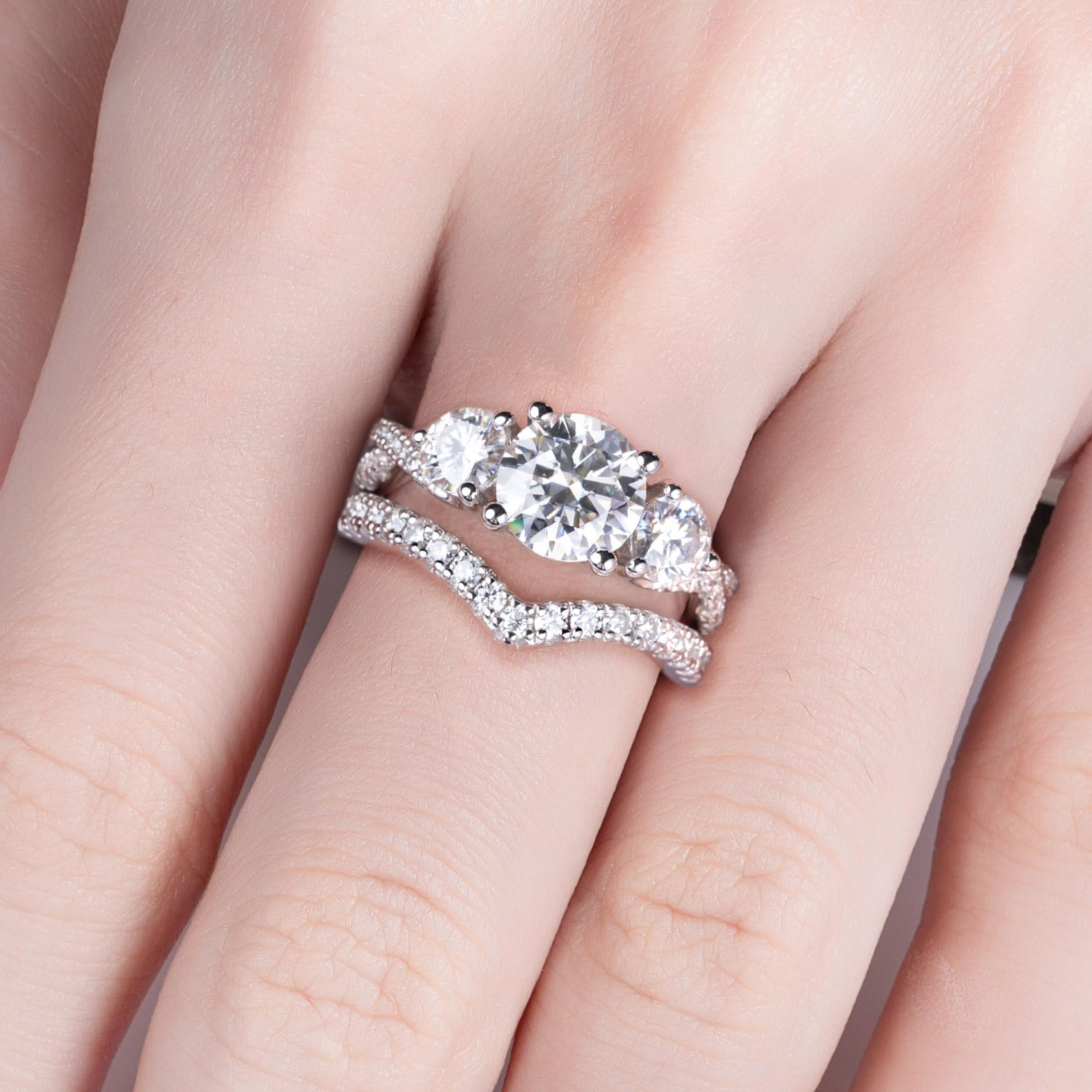 three stone ring, chevron ring, bridal ring set, round cut diamond ring, wedding ring set, engagement and wedding ring set, solitaire rings, gold rings, round cut engagement ring, gold rings for women, 14k gold rings, white gold rings, lab grown diamond rings, diamond rings for women, diamond rings, valentines gift for her, birthday gift for her, moissanite rings, 925 silver rings