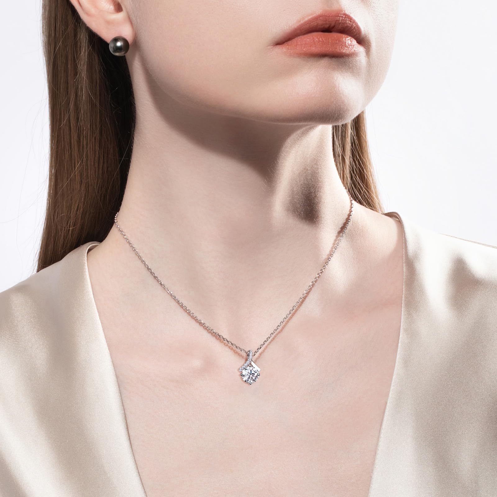 moissanite pendant necklace, infinity necklace women, round cut moissanite necklace, sterling silver pendant, white gold plated jewelry, solitaire necklace women, elegant jewelry gift for her, minimalist luxury necklace, infinity symbol necklace, sparkling pendant necklace