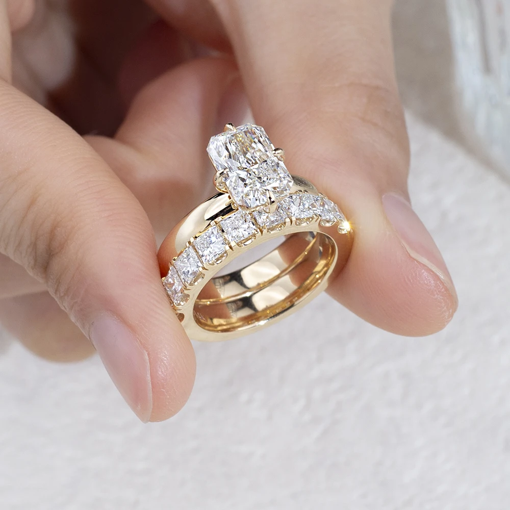 radiant cut moissanite ring gold, engagement ring with accent stones, gold plated engagement ring India, lab grown diamond alternative, luxury bridal rings for women, moissanite engagement ring USA, diamond band ring, statement engagement ring