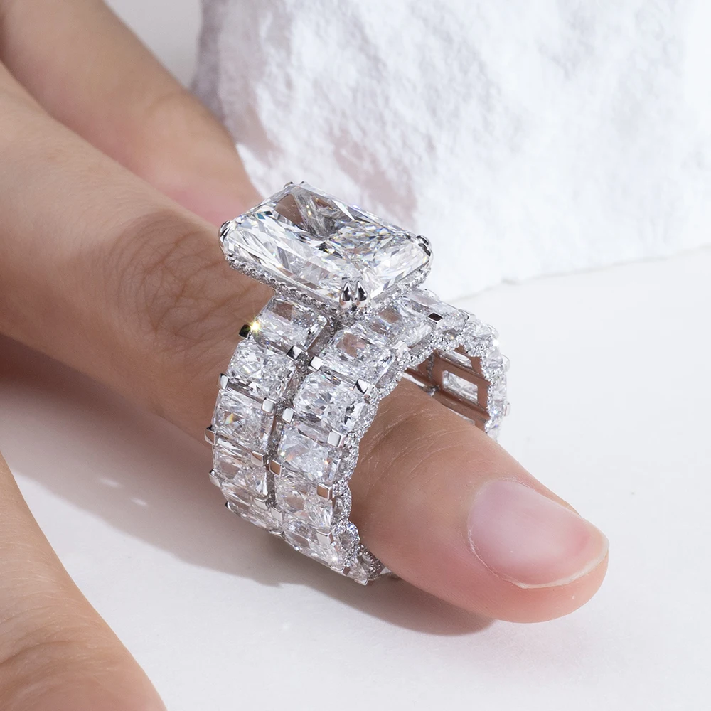 radiant moissanite ring set, engagement ring with wedding band, bridal ring set white gold, eternity band ring set, lab grown diamond alternative, luxury bridal set for women, moissanite jewelry USA, wedding ring combo