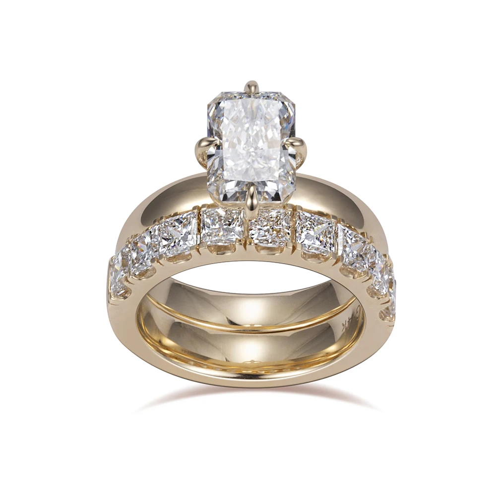 radiant cut moissanite ring gold, engagement ring with accent stones, gold plated engagement ring India, lab grown diamond alternative, luxury bridal rings for women, moissanite engagement ring USA, diamond band ring, statement engagement ring