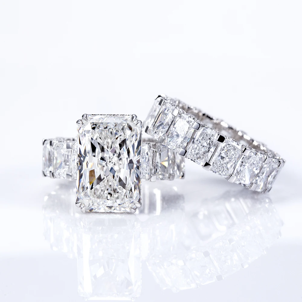 radiant moissanite ring set, engagement ring with wedding band, bridal ring set white gold, eternity band ring set, lab grown diamond alternative, luxury bridal set for women, moissanite jewelry USA, wedding ring combo
