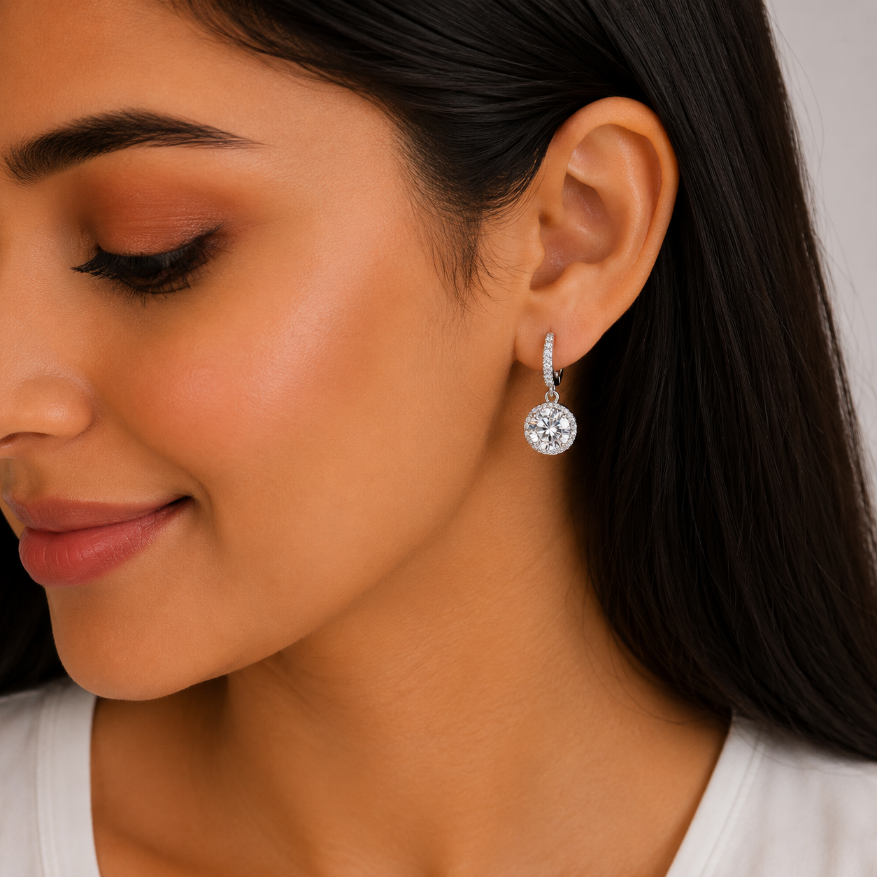 1.5 CT Round VVS Clarity Moissanite Halo Drop Hoop Earrings For Women | 925 Silver