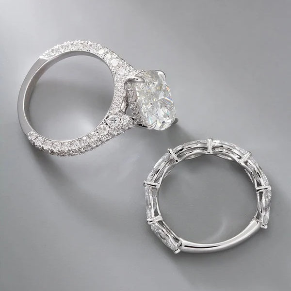 3.5 CTW Marquise Cut Moissanite Hidden Halo Bridal Ring Set with Pavé Band | 925 Silver