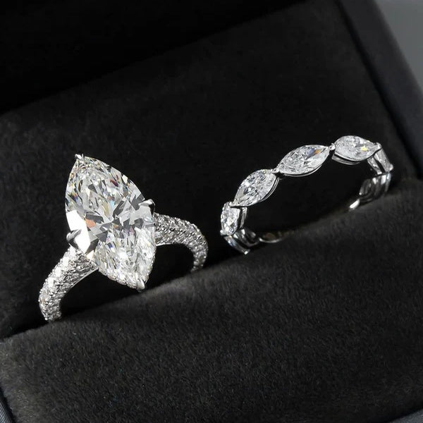 3.5 CTW Marquise Cut Moissanite Hidden Halo Bridal Ring Set with Pavé Band | 925 Silver