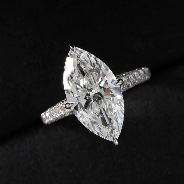 3.5 CTW Marquise Cut Moissanite Hidden Halo Bridal Ring Set with Pavé Band | 925 Silver