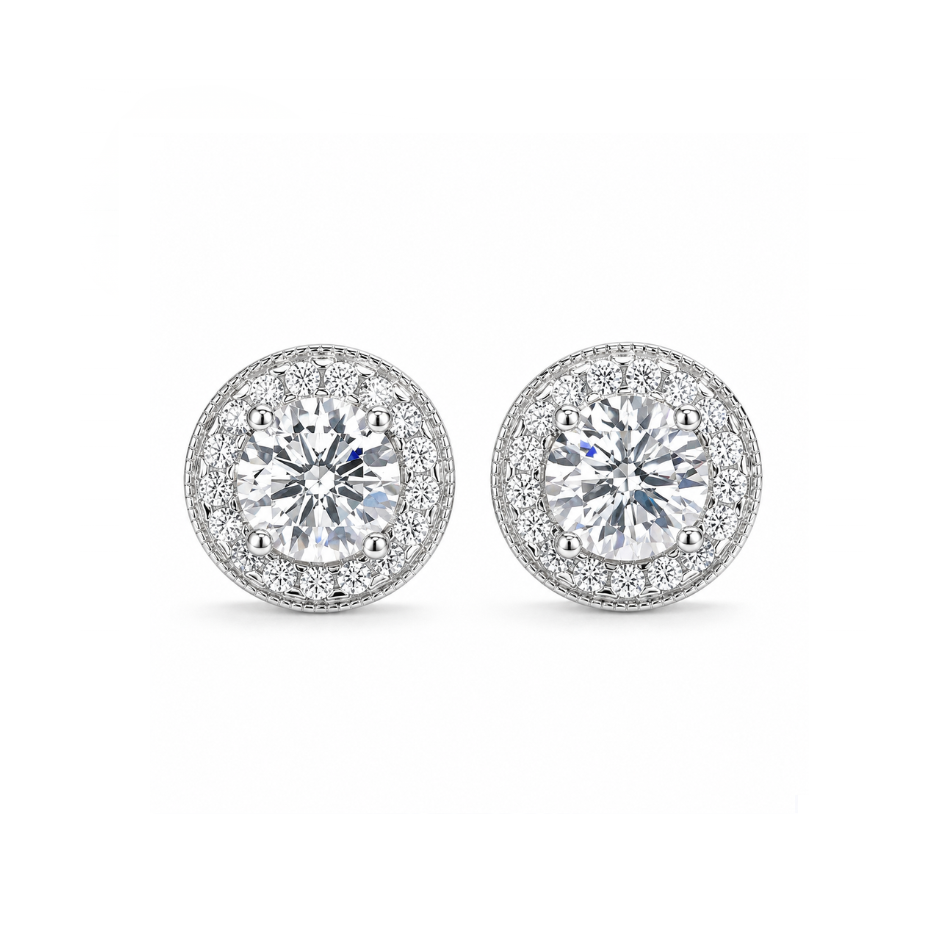 Luxury 1.0 CTW Halo Round Cut D - VVS Moissanite Stud Earrings