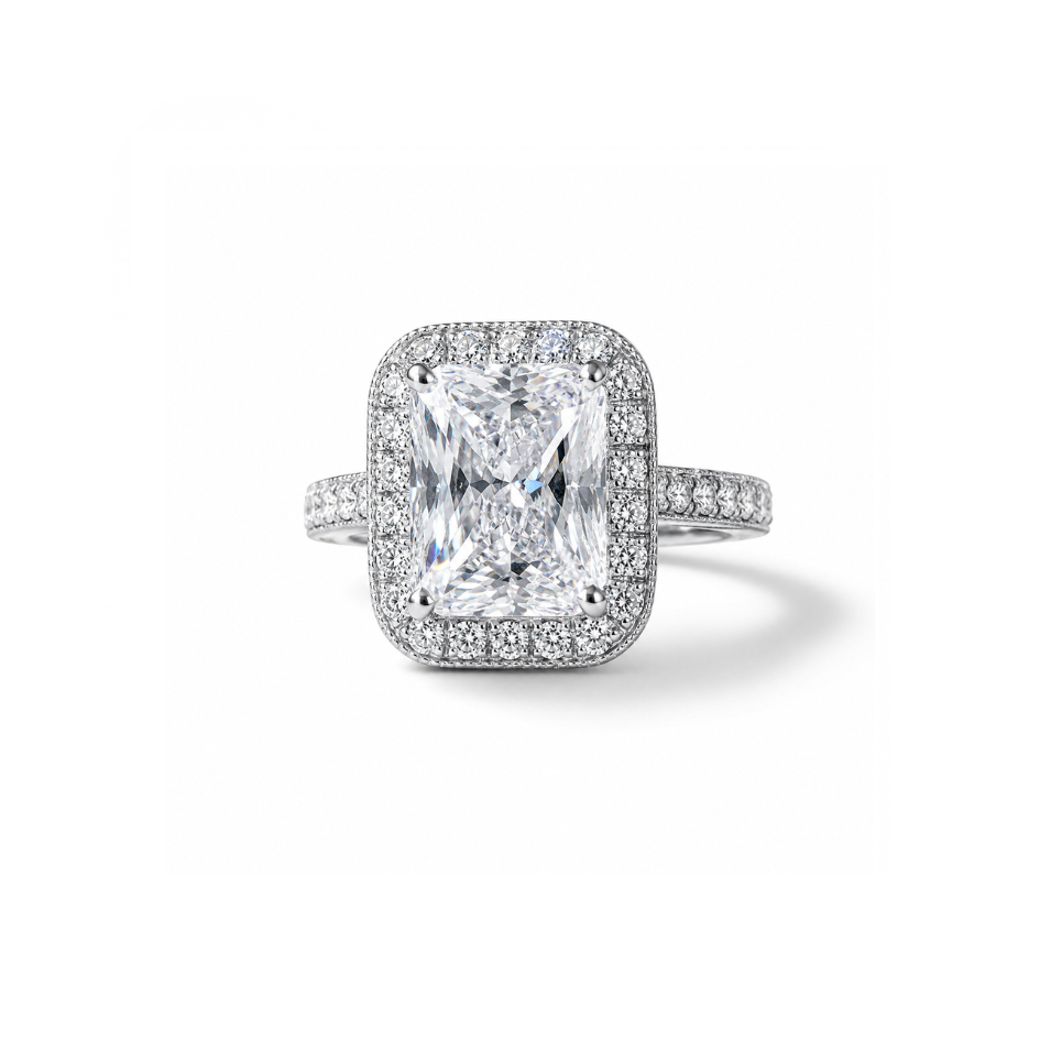 radiant cut moissanite ring, hidden halo engagement ring, halo engagement ring, double halo engagement ring, diamond halo engagement ring, moissanite halo ring, silver engagement ring, white gold ring, 14k white gold ring, 18k white gold ring, statement ring,
