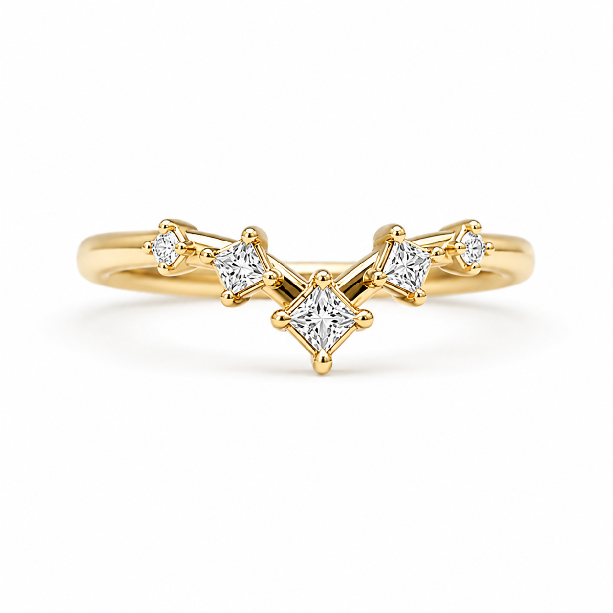 Modern V - Shaped Princess Cut Moissanite Chevron Ring in 14K Yellow Gold Plated